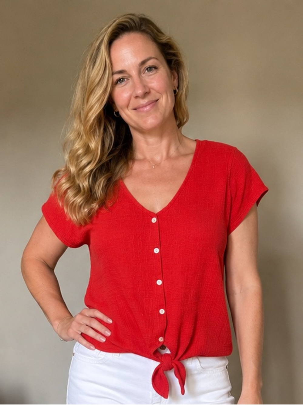 J. Crew Red V-Neck Button Tie-Front Top Medium
